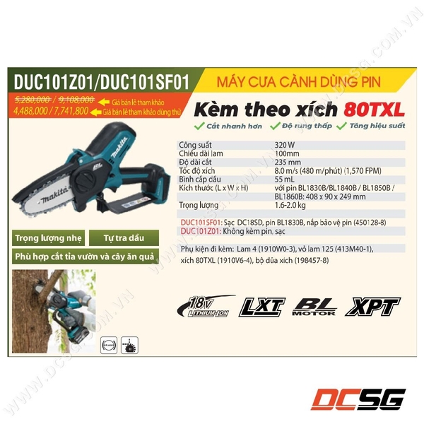 Máy cưa xích cắt tỉa cành dùng pin 18V Makita DUC101Z01 (không pin sạc)