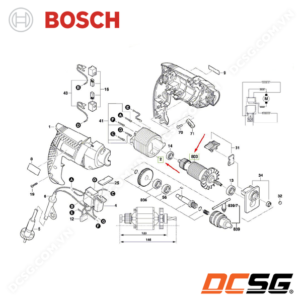 Rotor - stator cho máy khoan GSB 550 Bosch