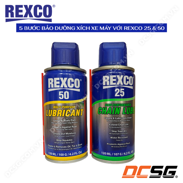 Combo chai xịt bảo dưỡng và bôi trơn xích xe máy với REXCO 25 & 50