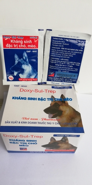 5 gói Doxy-Sul-Trep 5g Kháng sinh đặc tr-ị chó mèo ỉa ra máu tươi, sốt, nôn mửa bỏ ăn