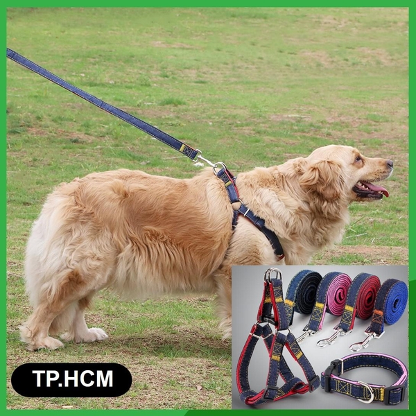 HP - Dây dắt chó vải bò / vải Jean Phân loại: DÂY DẮT KÈM YẾM NGỰC (Size 2.0 cho chó mèo 8-15kg) Màu ngẫu nhiên Xích chó / xích mèo / dây dắt thú cưng