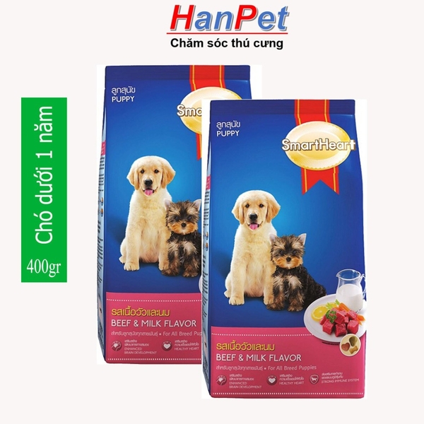HP-(Combo 2 gói) Thức ăn dạng hạt cao cấp Smartheart Puppy (dành cho chó dưới 1 năm tuổi) gói 400g (hanpet 215)-HP10296TC