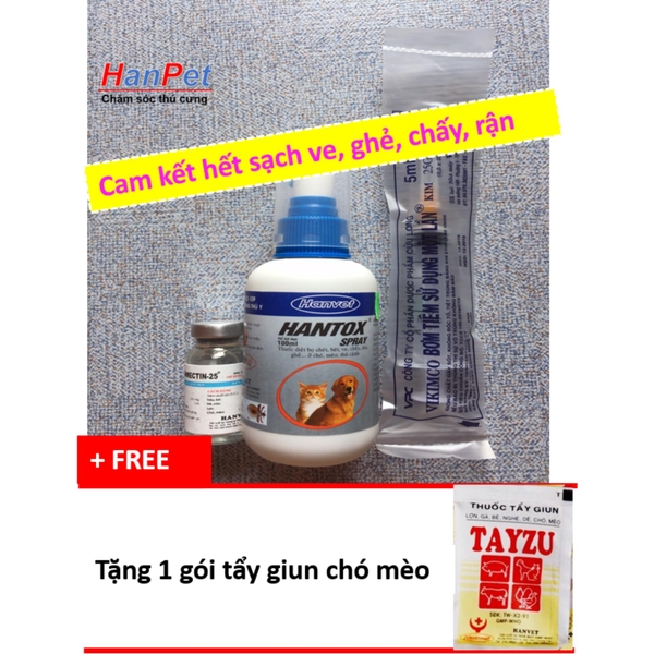 Đặc trị ghẻ chó, tiêu diệt ve rận bằng ComboUỐNG-TIÊM-XỊT (hanpet 405) - tặng 1 gói tẩy giun chó mèo