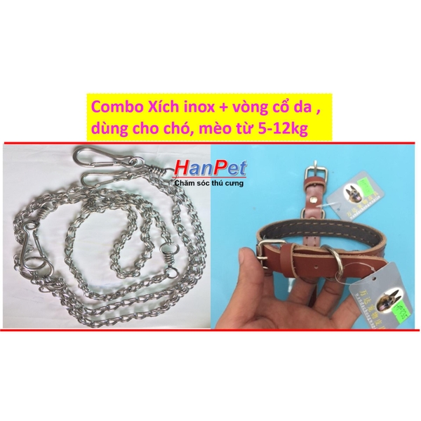 ComboXích inox CHỐNG GỈ + vòng cổ da xịn , dùng cho chó, mèo từ 5-12kg (hanpet 335b)