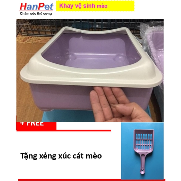 Khay vệ sinh mèo, Khay đựng cát vệ sinh cho mèo có gờ chống bắn cát ra ngoài (hanpet 376)43x33x15 + tặng kèm 1 xẻng xúc cát mèo