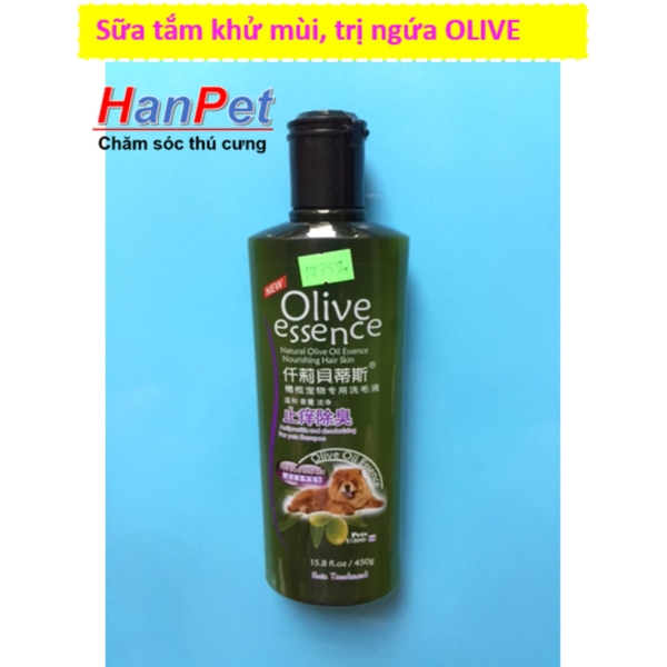 Sữa tắm tinh dầu ô liu chó mèo - Sữa tắm OLIVE - 450ml loại khử mùi, trị ngứa cho thú cưng (hanpet 359b) dầu gội chó mèo