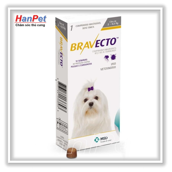 phòng trị ghẻ, rận tai, ve, bọ chét và viêm da trên chó: 1 viên BRAVECTO very small (dành chó 2-4,5kg)