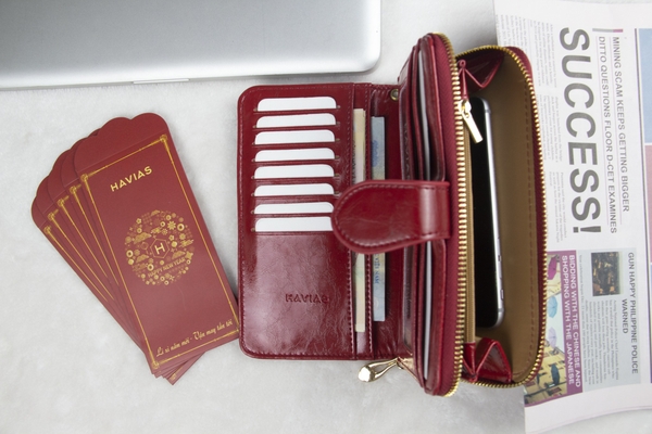 Clutch ví dài cầm tay da bò màu Đỏ LIP HAVIAS