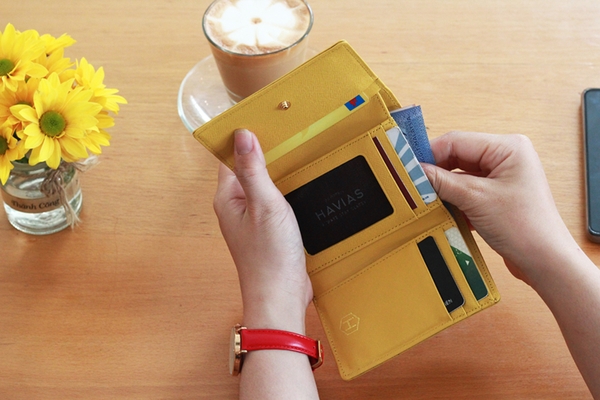 Bóp ví da thật nam nữ Da Saffiano Heart3 Gold Mini Wallet 