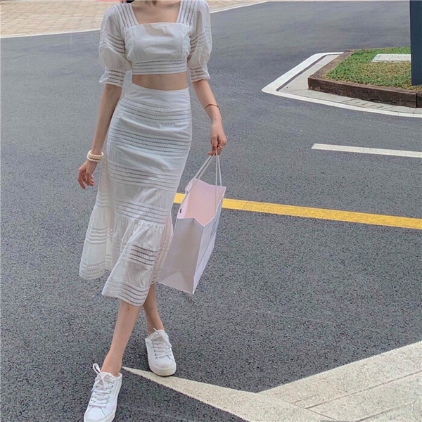 Set áo croptop phối ren chân VÁY đuôi cá - CNUSHOP