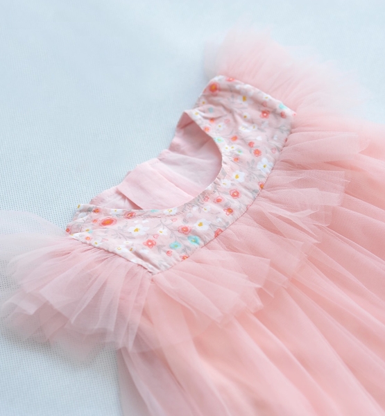 Váy lanh hoa phối voan hồng cam WOWHOA