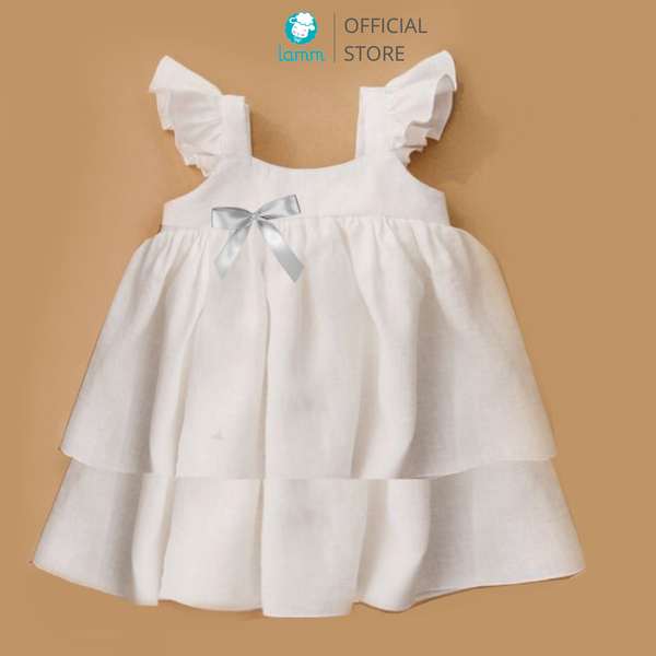 Váy bé gái Lamm linen sát nách bèo tay dáng babydoll hai tầng màu trắng