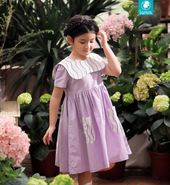 Váy thô Hàn cổ vuông màu tím sóng