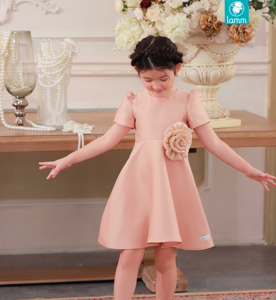 Váy taffeta tay bồng hoa cuộn thủ công Peony