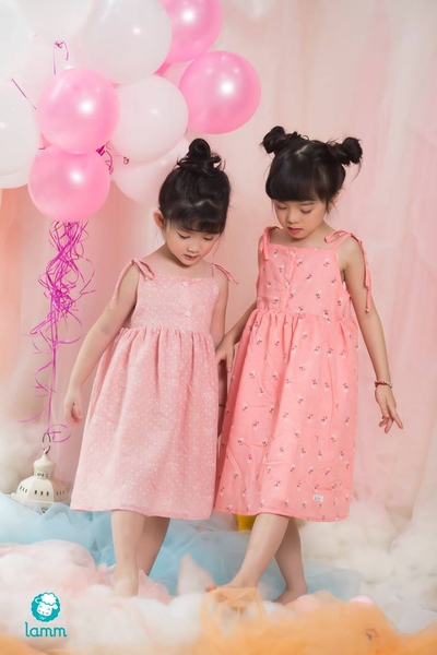 Váy thô xô hai dây hồng cam hoa nhí - 2XOCAM