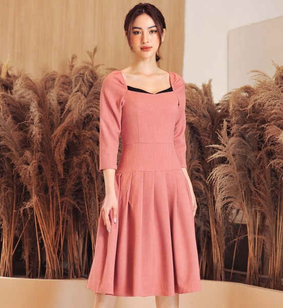 Đầm gạo cam hồng khói cổ vuông lé đen eo trễ LIV