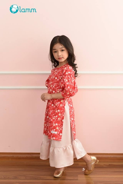 SET Áo dài tay bồng hoa đỏ