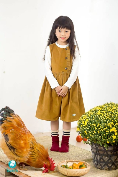 Váy nhung sát nách 3 khuy lệch vàng da bò