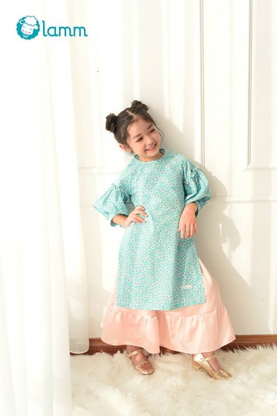 SET áo dài tay bồng họa tiết xanh