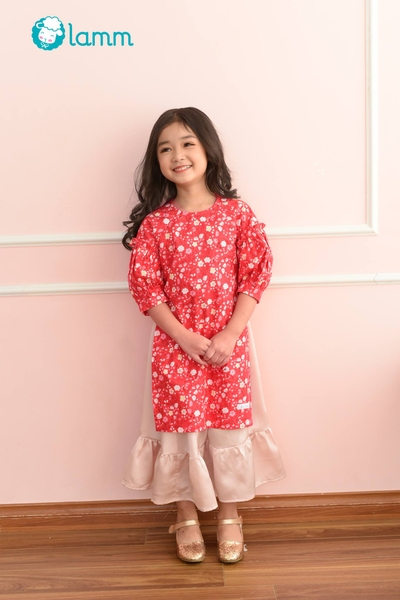 SET Áo dài tay bồng hoa đỏ