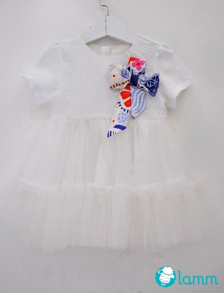 Váy linen phối voan trắng nơ 4 cánh tay ngắn - FRESSIA1