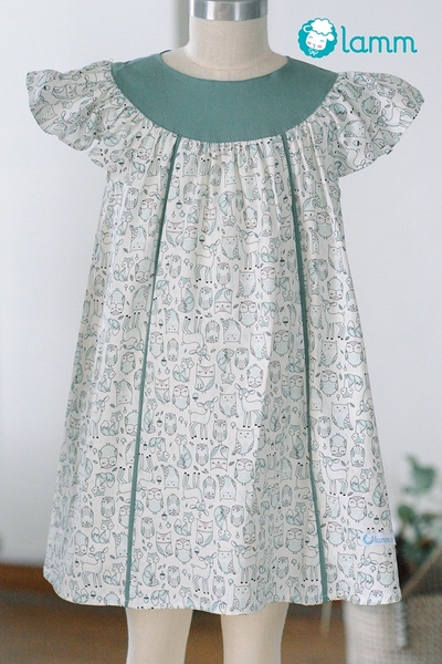 Váy cotton cổ tròn xanh gân xanh họa tiết cú - HEDWIG