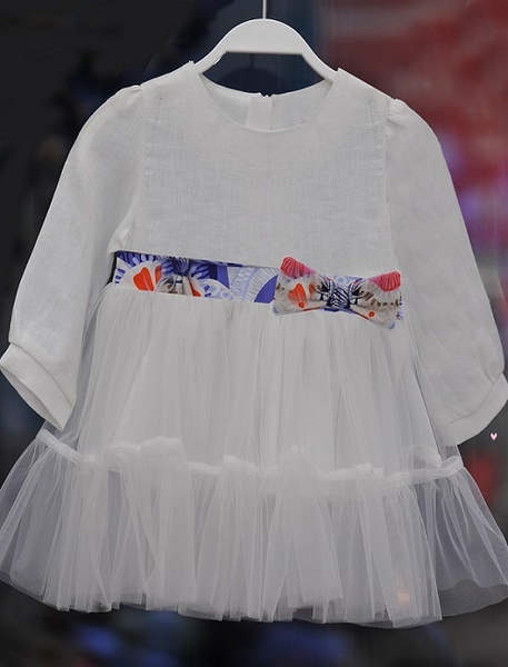 Váy linen phối voan trắng đai nơ tay dài - FRESSI2