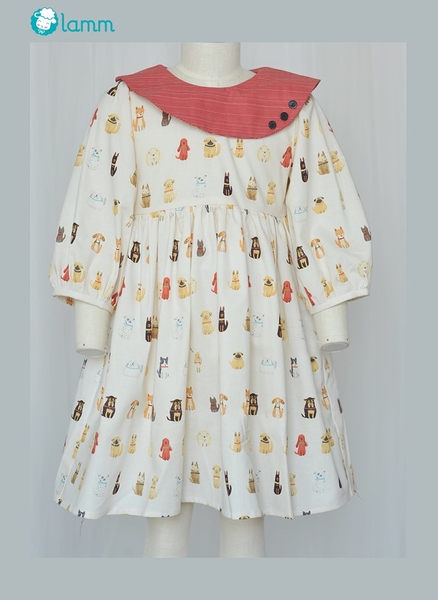 Váy thô cổ 3 khuy đỏ họa tiết cún con PUPPY