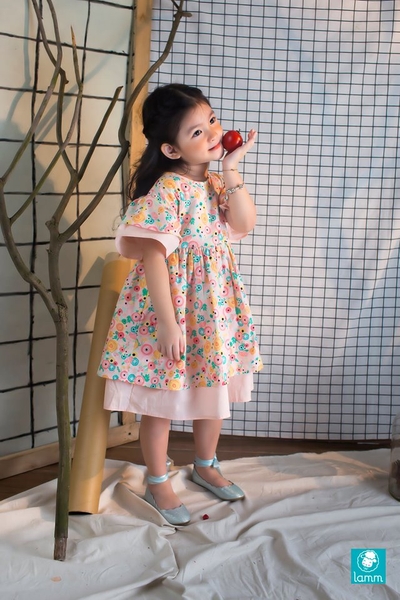 Váy thô hoa tay hai tầng, thân hai tầng hoa mao lương - Rana