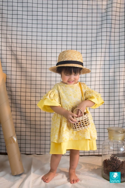 Váy thô hoa tay hai tầng, thân hai tầng hoa hồng vàng - ROME