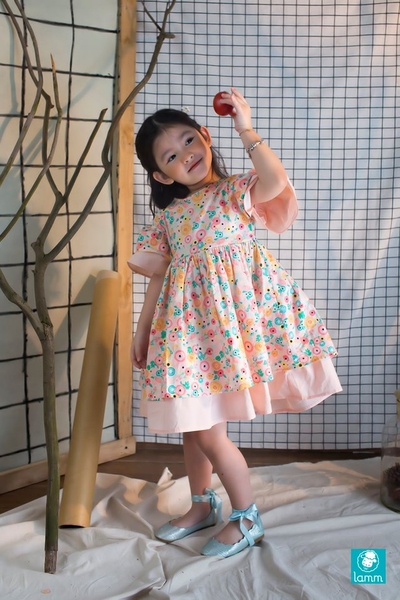 Váy thô hoa tay hai tầng, thân hai tầng hoa mao lương - Rana