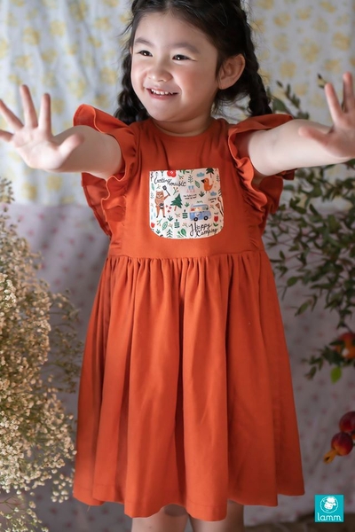 Váy linen cam tay bèo túi ngực họa tiết PUMKIN