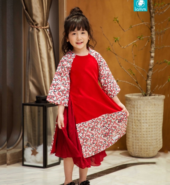 Set áo dài thô tay hoa chân hoa kèm chân váy xếp ly cho bé gái
