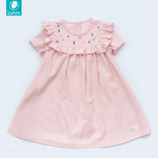 Váy linen hồng nhạt bèo vuông thêu hoa PINKY