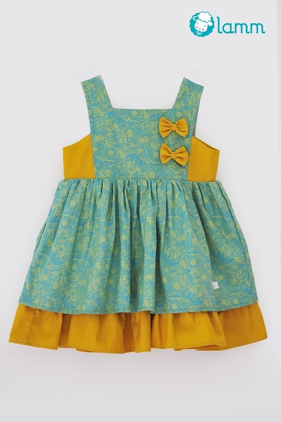 Váy thô cổ vuông đáp sườn hoa xanh đáp mustard-GREENROSE