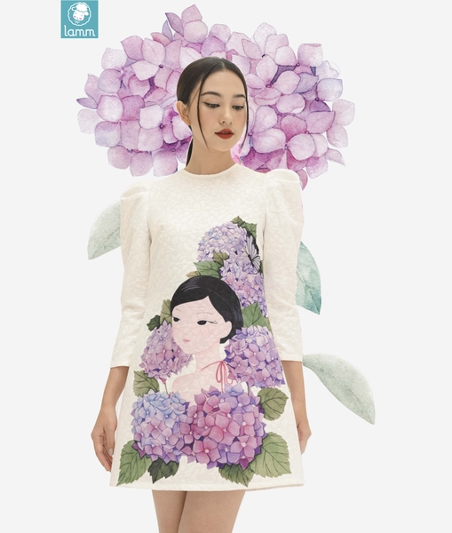 Đầm gấm in tranh cẩm tú cầu Linné
