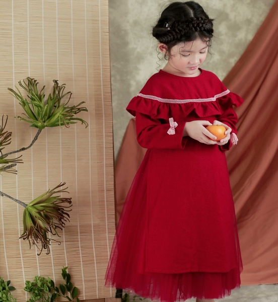 SET áo dài thô nhung bèo vai ren hồng ADNHUY