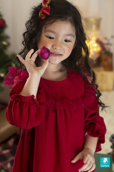 Váy nhung đỏ bèo vuông phối voan - SWEETY