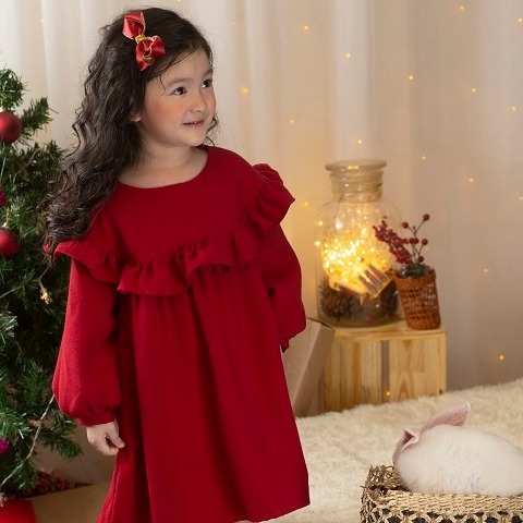 Váy nhung đỏ vai tròn bèo vai - MERIDA