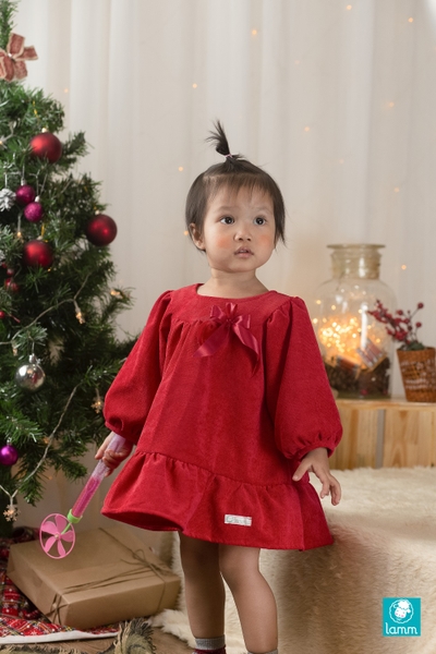 Váy nhung tăm đỏ cổ tròn nơ ruy băng - RIBBELLE