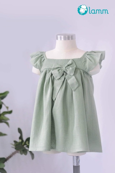 Váy linen xước nơ ngực xanh rêu MOSSY