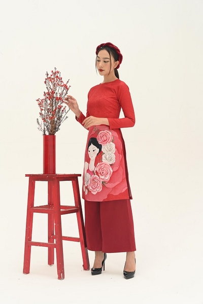 Áo dài gấm in hoa Mẫu đơn tay zaglag