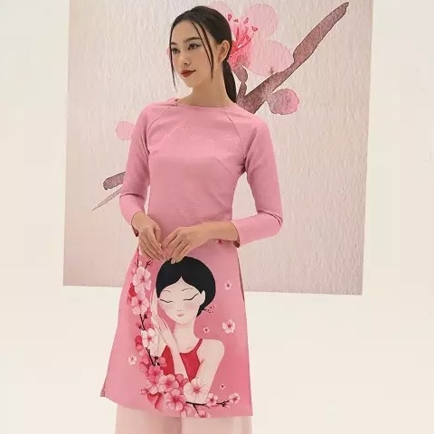 Áo dài gấm in hoa ĐÀO tay zaglag