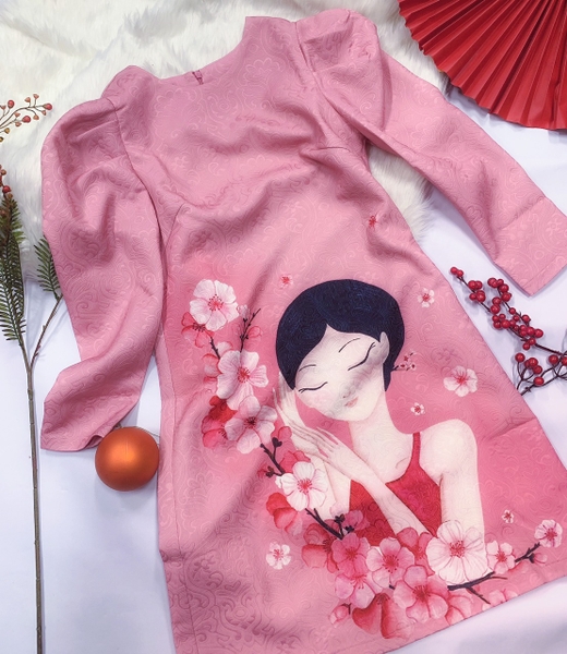 Đầm gấm in tranh hoa đào Linné