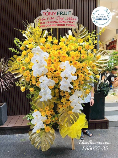 Kệ hoa khai trương Ba Đình tone vàng cao cấp | Elise Flowers