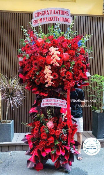 Kệ hoa chúc mừng ngày thành lập công ty tone đỏ hai tầng tại Hà Nội | Elise Flowers