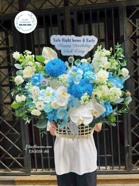Hoa tặng sếp đẹp Hà Nội – lẵng hoa tone xanh cao cấp chúc mừng sinh nhật sếp | Elise Flowers