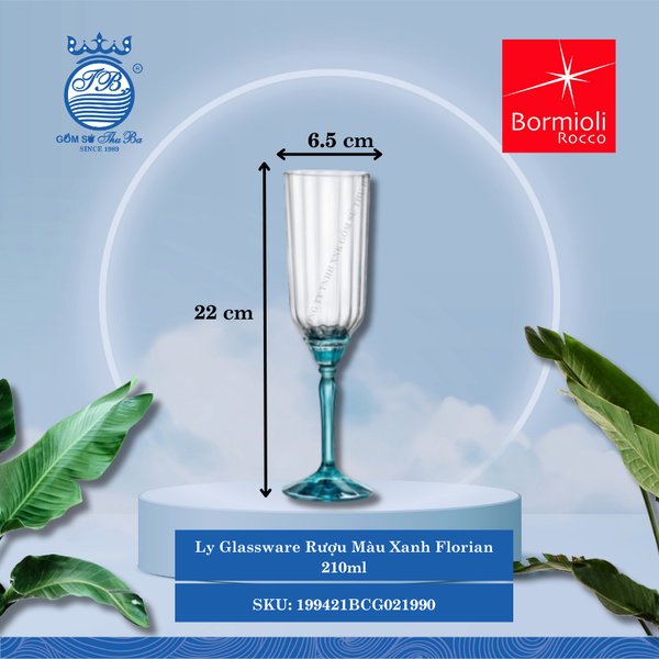 Florian ly rượu thủy tinh 21 CL màu xanh Ø: 6.5cm 210ml Cao: 22cm 6 Cái/Hộp Bormioli Rocco Thủy Tinh 199421BCG021990