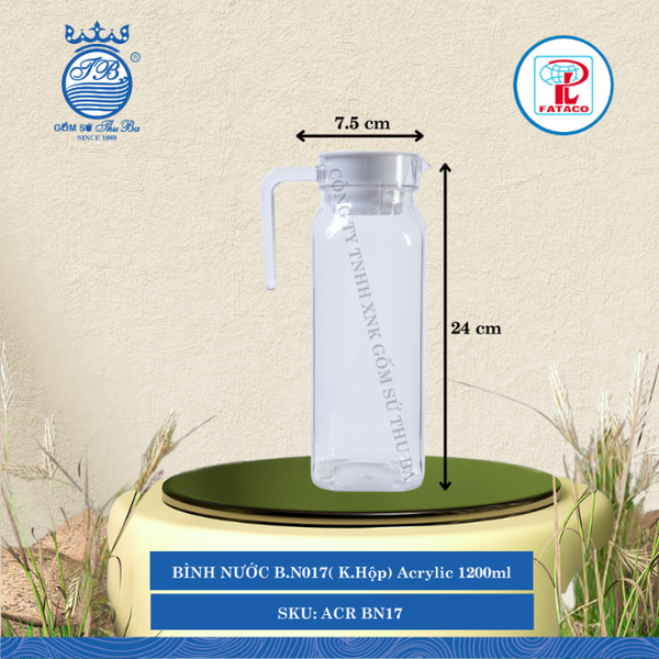 BÌNH NƯỚC B.N017( K.Hộp) Acrylic Trắng Ø: 7.5cm 1,200ml Cao: 24cm Fataco Nhựa ACR BN17