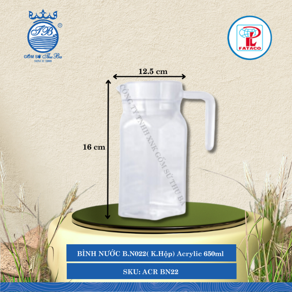 BÌNH NƯỚC B.N022( K.Hộp) Acrylic Trắng 650ml Dài: 12.5cm Rộng: 8.5cm Cao: 16cm Fataco Nhựa ACR BN22